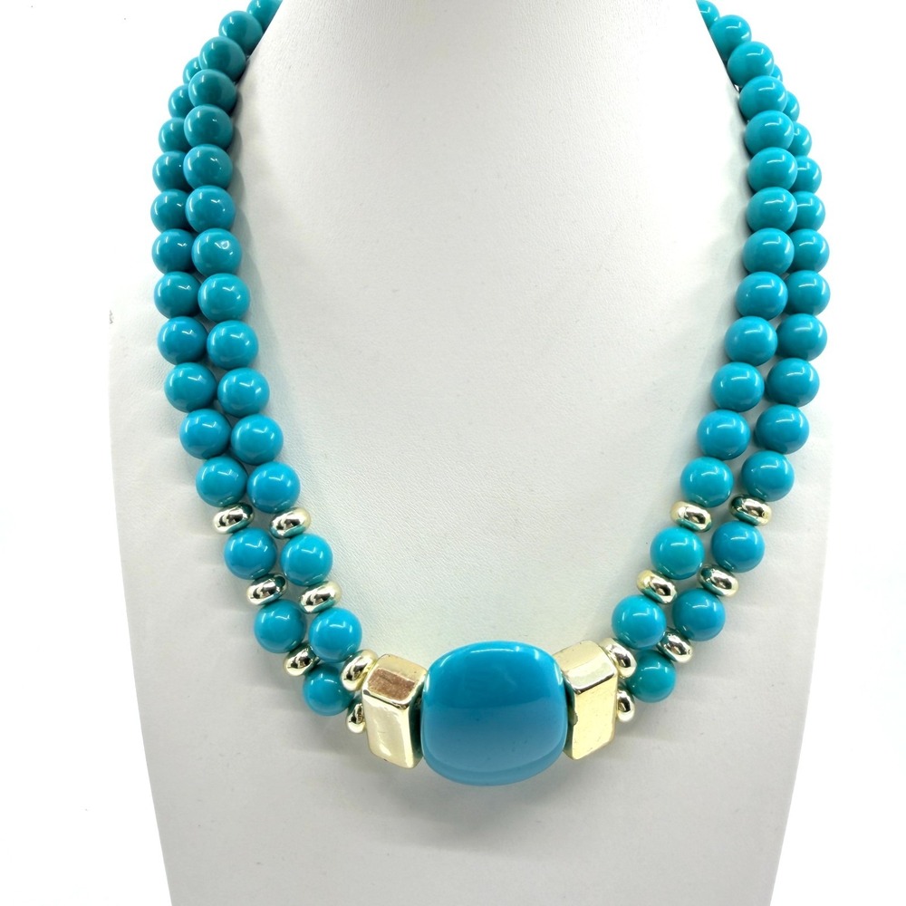 VTG Turquoise Tone‎ Blue Double Strand Molded Resin Chunky Statement Necklace
